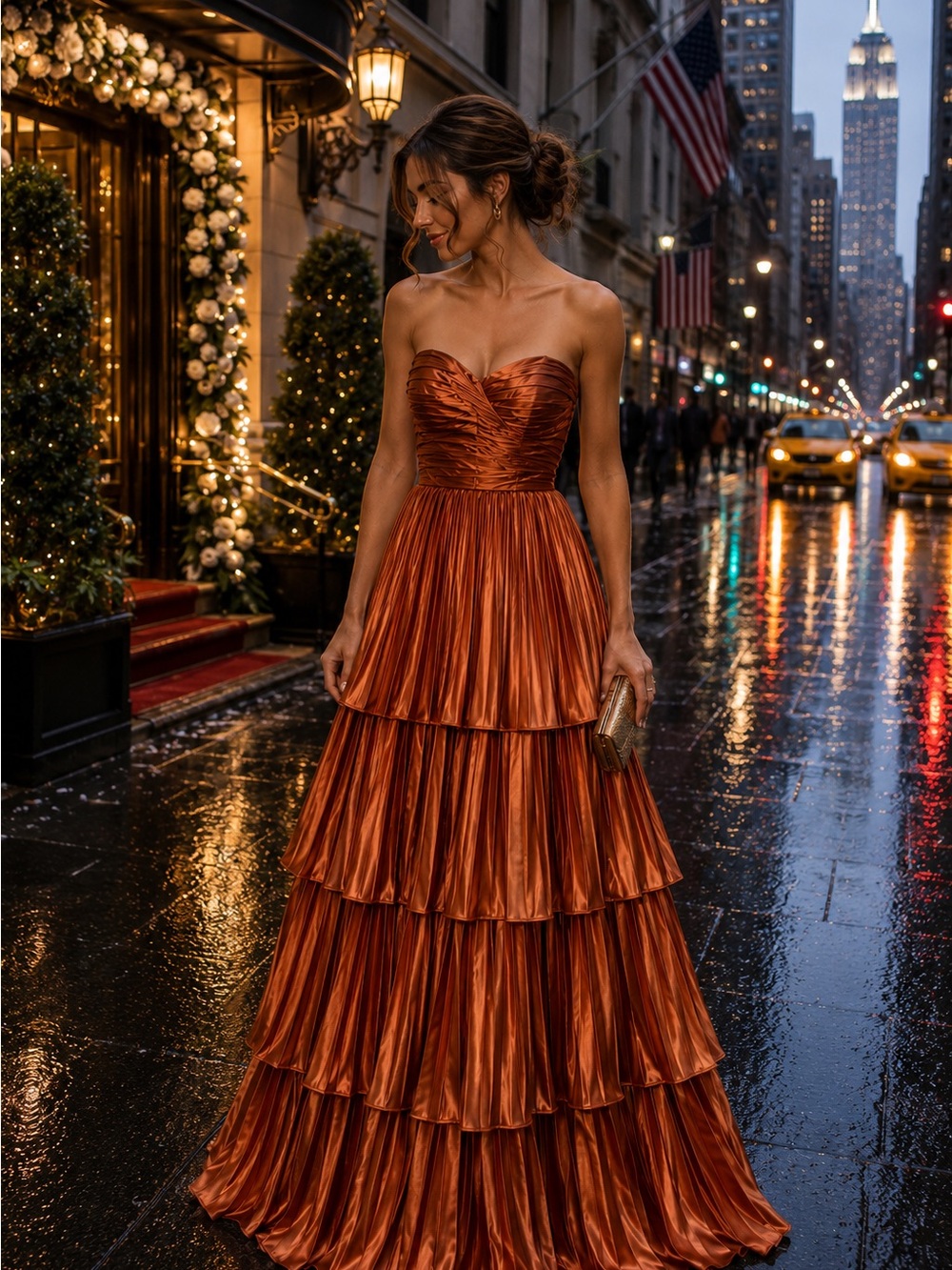 Strapless Tiered Satin Evening Gown in Copper